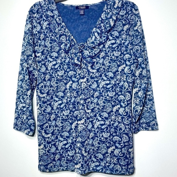 Chaps Mesh Top Womens XL 3/4 Sleeve Blue Floral Abstract Waterfall Ruffle Collar - Picture 1 of 12